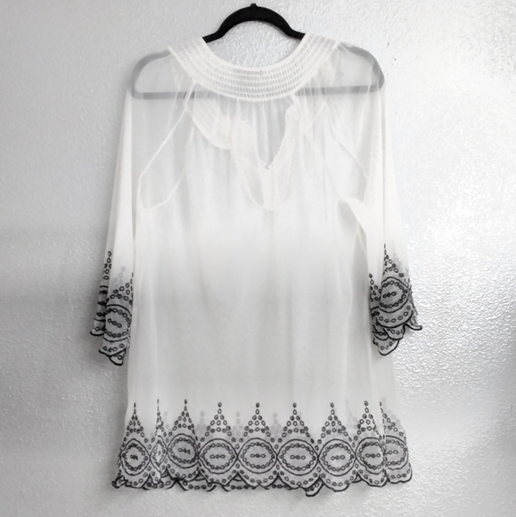 Alfani Sheer White Blouse/Tunic With Black Embroidery  Size 1X - Picture 2 of 4